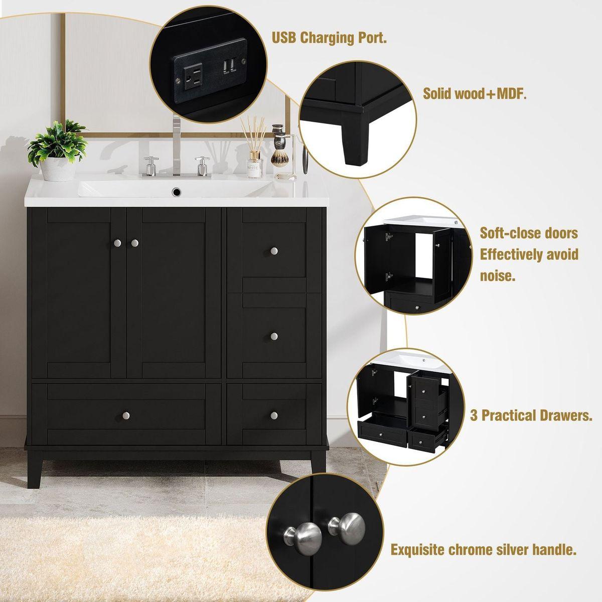 36 Inch Modern Bathroom Vanity with USB Charging, Two Doors and Three Drawers Bathroom Storage Vanity Cabinet, Small Bathroom Vanity cabinet with single sink, Black - Faucets Not Included