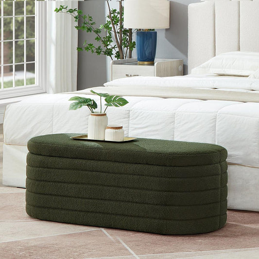 Modern Oval Storage Ottoman Bench, Upholstered Boucle Teddy Fabric End of Bed Bench with Storage, End of Bed Stool with Safety Hinge for Bedroom, Living Room, Entryway, Dark Green