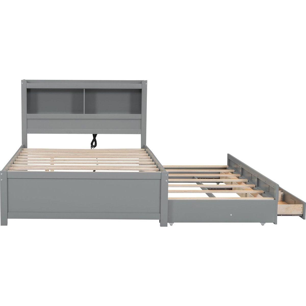 Full Size platform bed with trundle, drawers and USB plugs, Gray