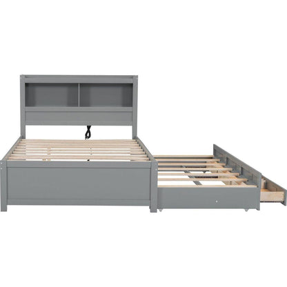 Full Size platform bed with trundle, drawers and USB plugs, Gray