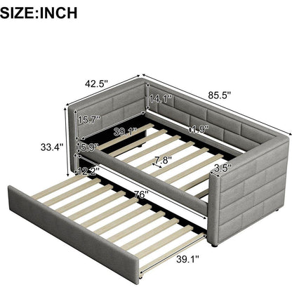 Twin Size Daybed with Trundle, Upholstered Daybed with Padded Back, Gray