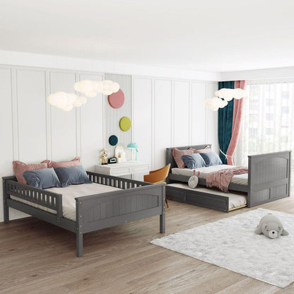 Full Over Full Bunk Bed with Twin Size Trundle, Pine Wood Bunk Bed with Guardrails, Brushed Gray