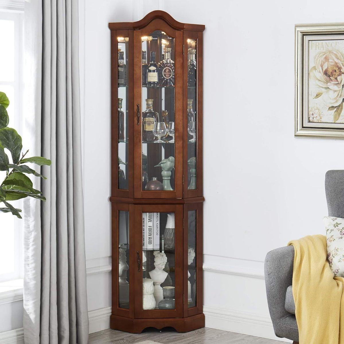Corner Curio Cabinet with Lights, Adjustable Tempered Glass Shelves, Mirrored Back, Display Cabinet,Walnut