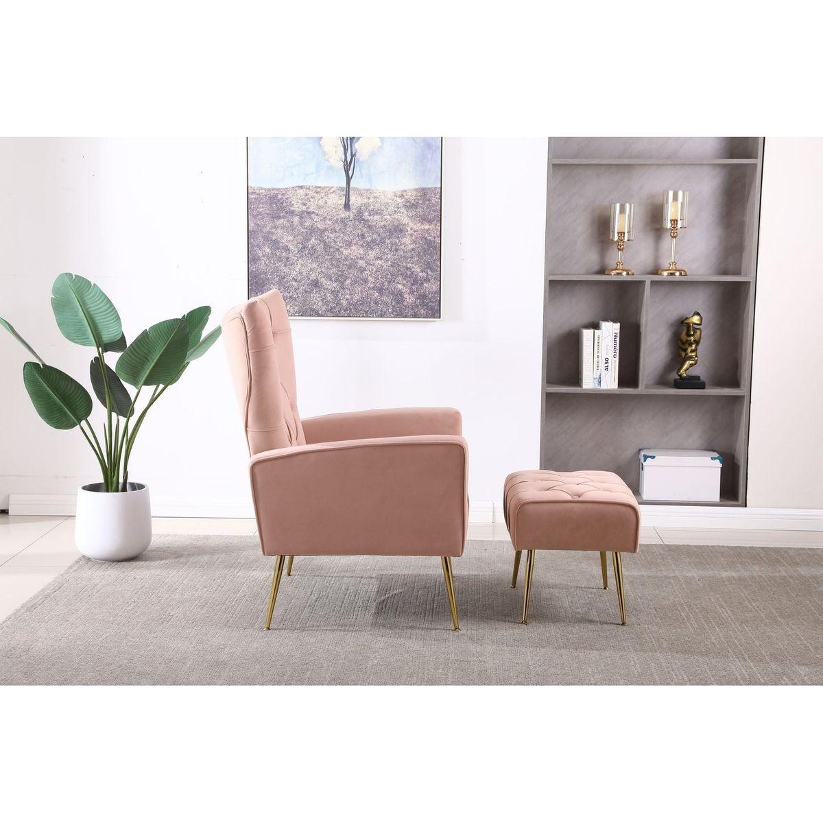 Modern Accent Chair with Ottoman, Comfy Armchair for Living Room, Bedroom, Apartment, Office (Pink)