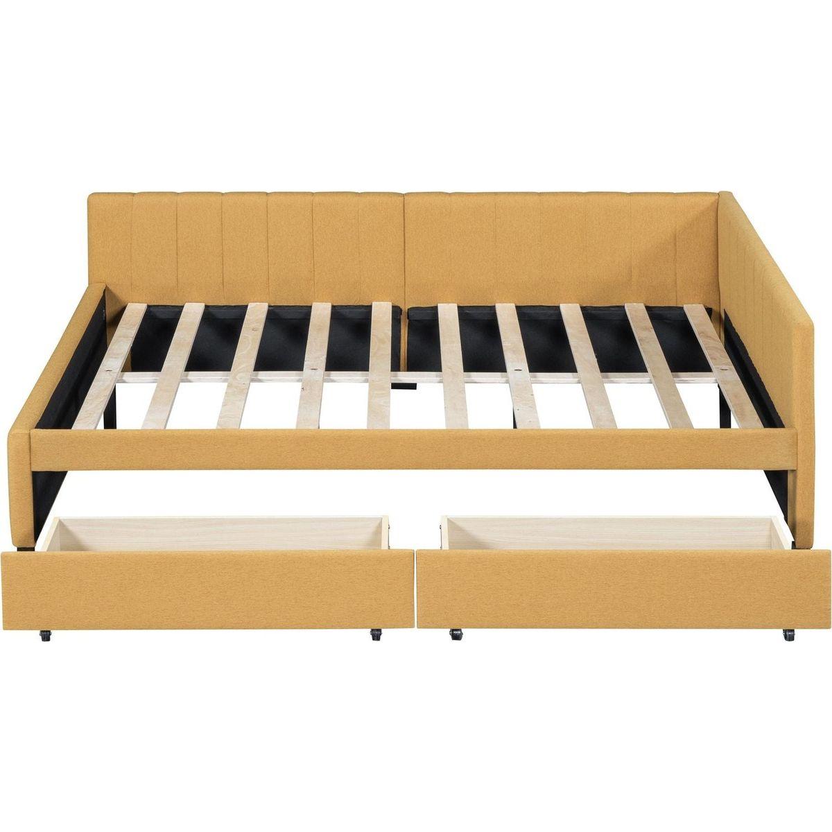 Full Size Upholstered Daybed with 2 Storage Drawers Sofa Bed Frame No Box Spring Needed, Linen Fabric (Yellow)