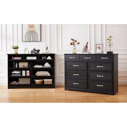 Bedroom dresser, 9 drawer long dresser with antique handles, wood chest of drawers for kids room, living room, entry and hallway, Black, 47.56"W x 15.75"D x 34.45"H.