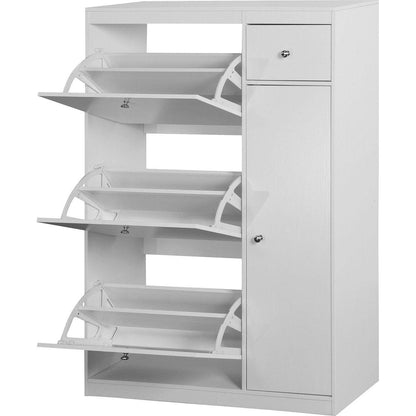 Shoe Cabinet,Freestanding Tipping Bucket Shoe Rack Organizer with 3 Flip Drawers,Entryway Narrow Shoe Storage with Adjustable Storage Shelf,Modern Slim Hidden Shoe Cabinet, White