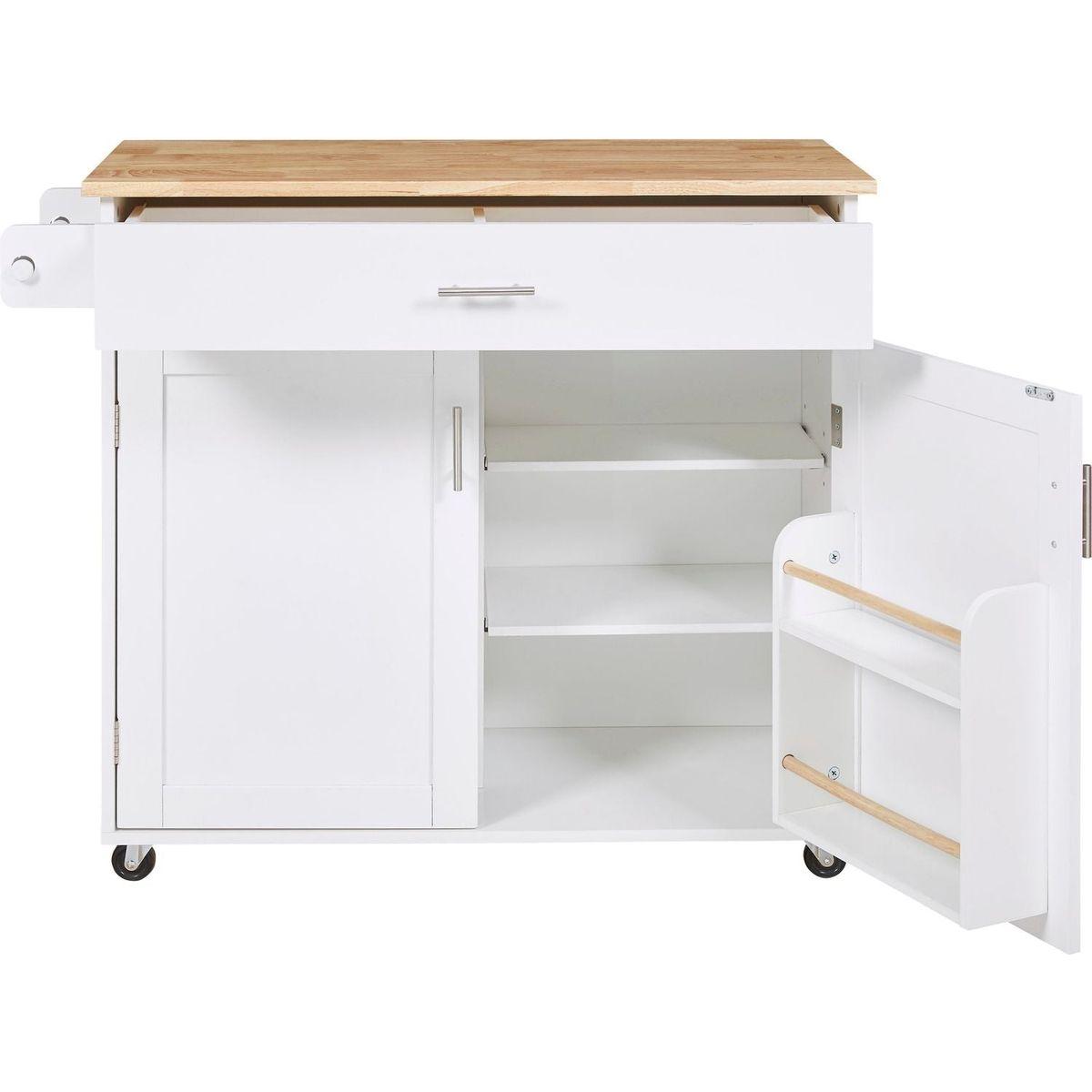 Rolling Kitchen Island with Storage, Kitchen Cart with Rubber Wood Top, Spacious Drawer with Divider and Internal Storage Rack, Kitchen Island on Wheels with Adjustable Shelf Tower Rack, White