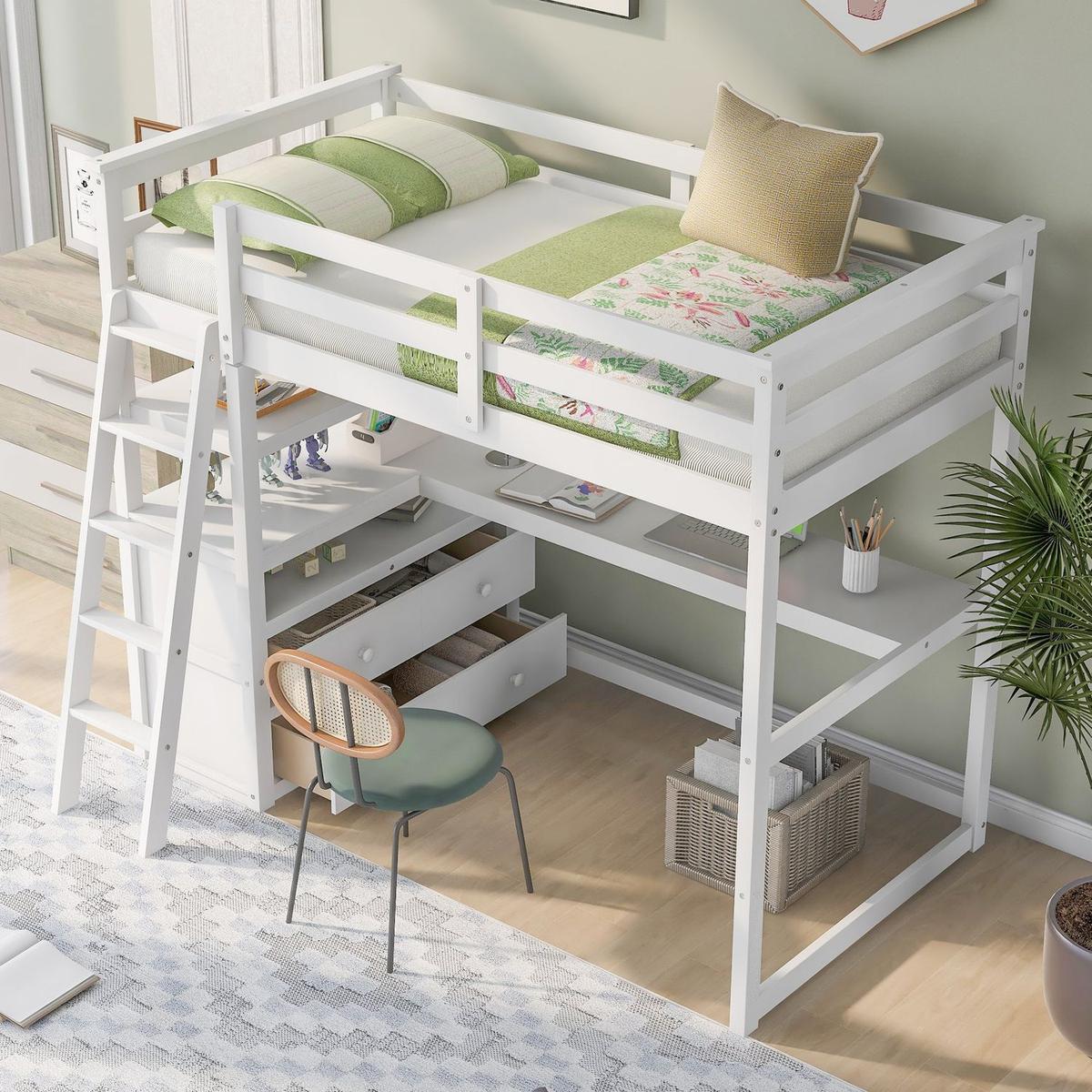 Twin Size Loft Bed with Desk and Shelves, Two Built-in Drawers, White