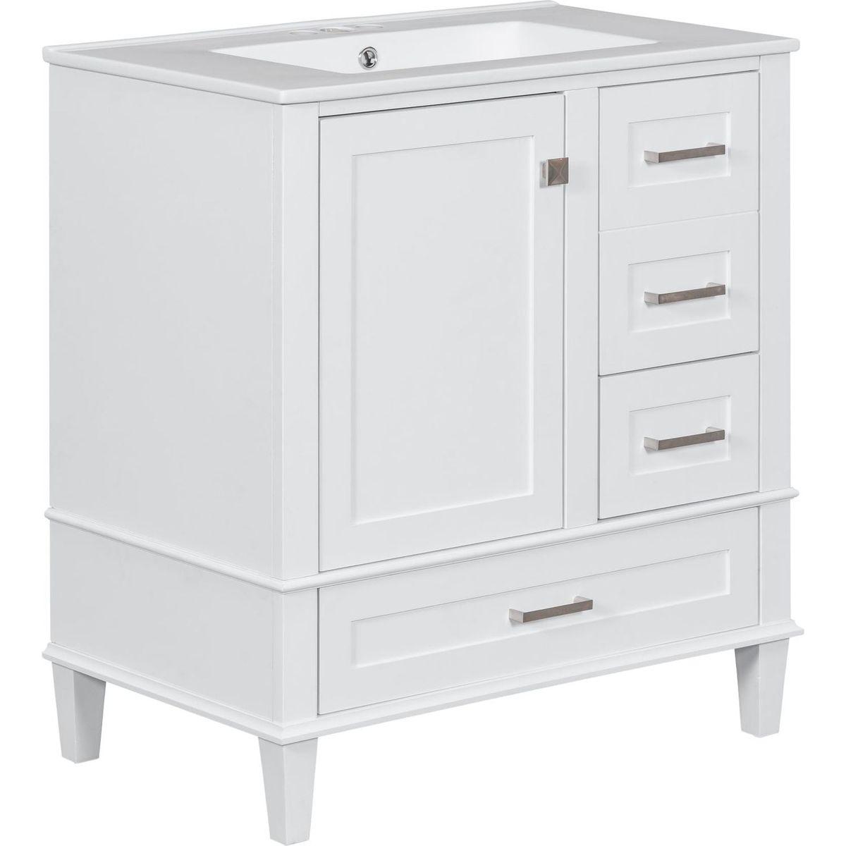 30" Bathroom Vanity, Modern Bathroom Cabinet with Sink Combo Set, Bathroom Storage Cabinet with a Soft Closing Door and 3 Drawers, Solid Wood Frame(White)