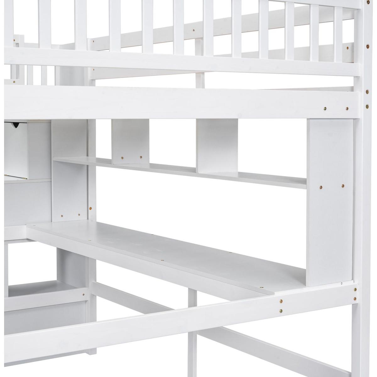 Full Size Loft Bed with Built-in Desk, Bookshelves and Storage Staircase,White