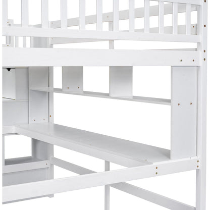 Full Size Loft Bed with Built-in Desk, Bookshelves and Storage Staircase,White