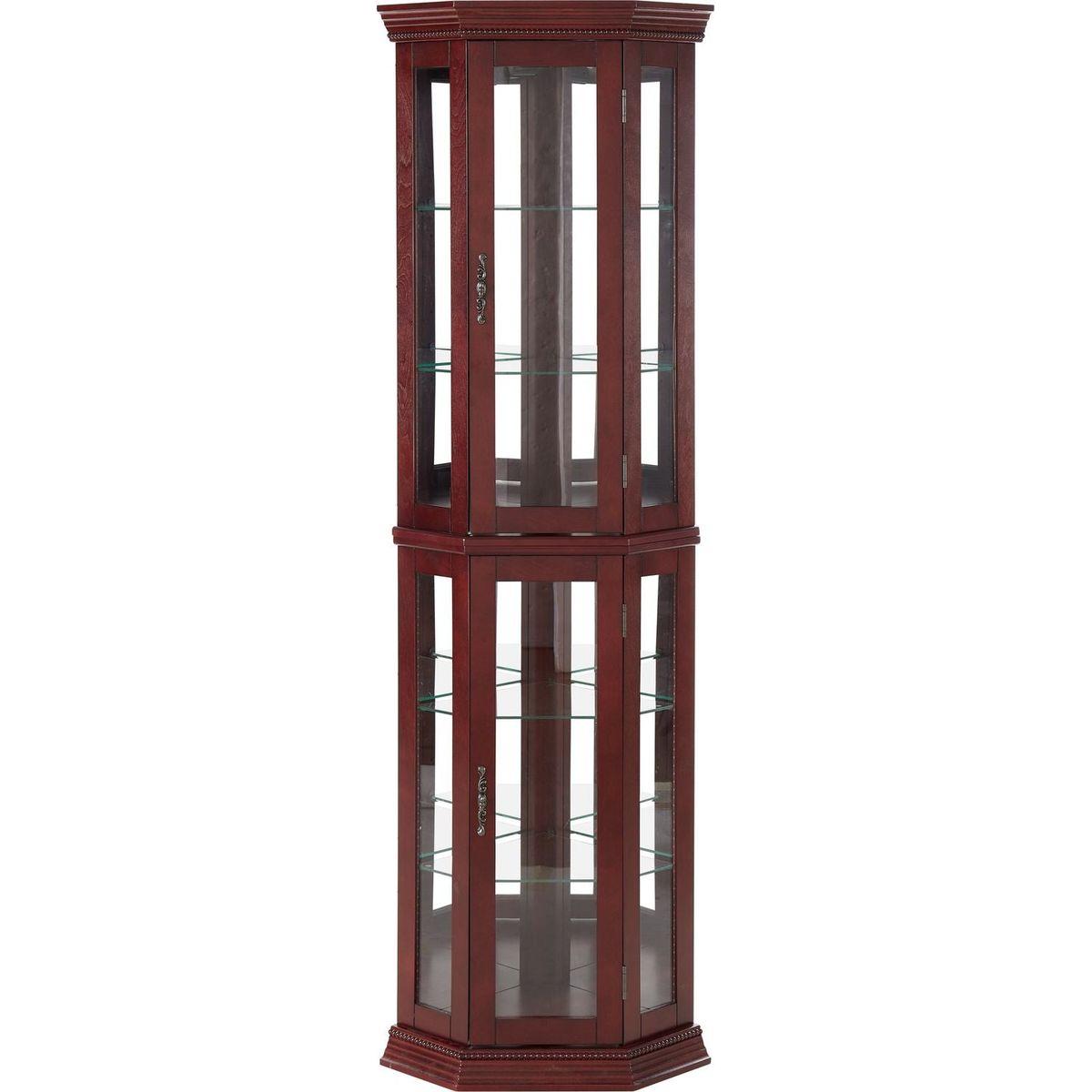 Corner Curio Cabinet with Lights, Adjustable Tempered Glass Shelves, Mirrored Back, Display Cabinet,Cherry (E26 light bulb not included)
