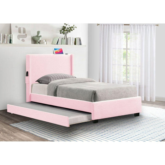 PINK TWIN SIZE UPHOLSTERED BED FRAME WITH TRUNDLE BED, TEDDY FABRIC, USB FUNCTIONALITY, AND A POCKET DESIGN ON THE SIDE OF THE HEADBOARD FOR STORING SMALL ITEMS. PINK IS A GIRL'S FIRST CHOICE!