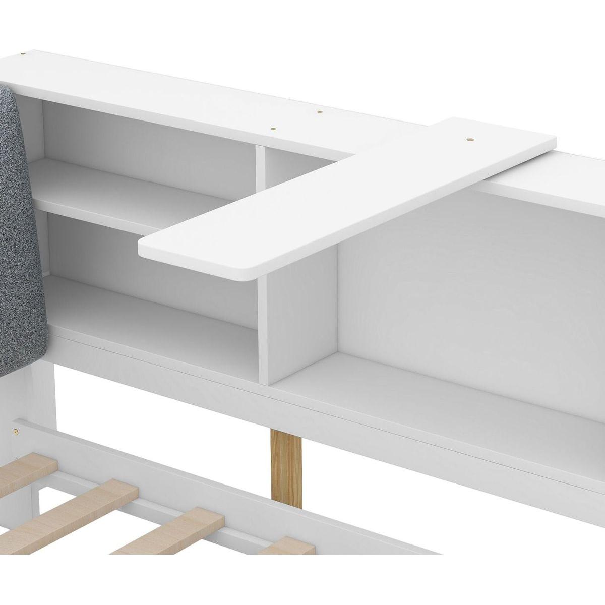 Wood Twin Size platform bed with Storage Headboard, Shelves and 2 Drawers, White