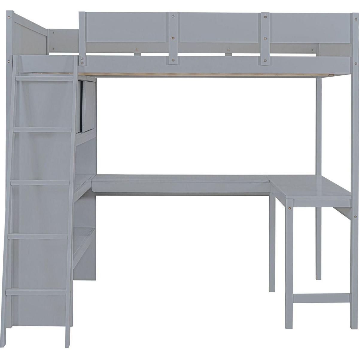 Full Size Loft Bed with Desk and Shelf - Gray