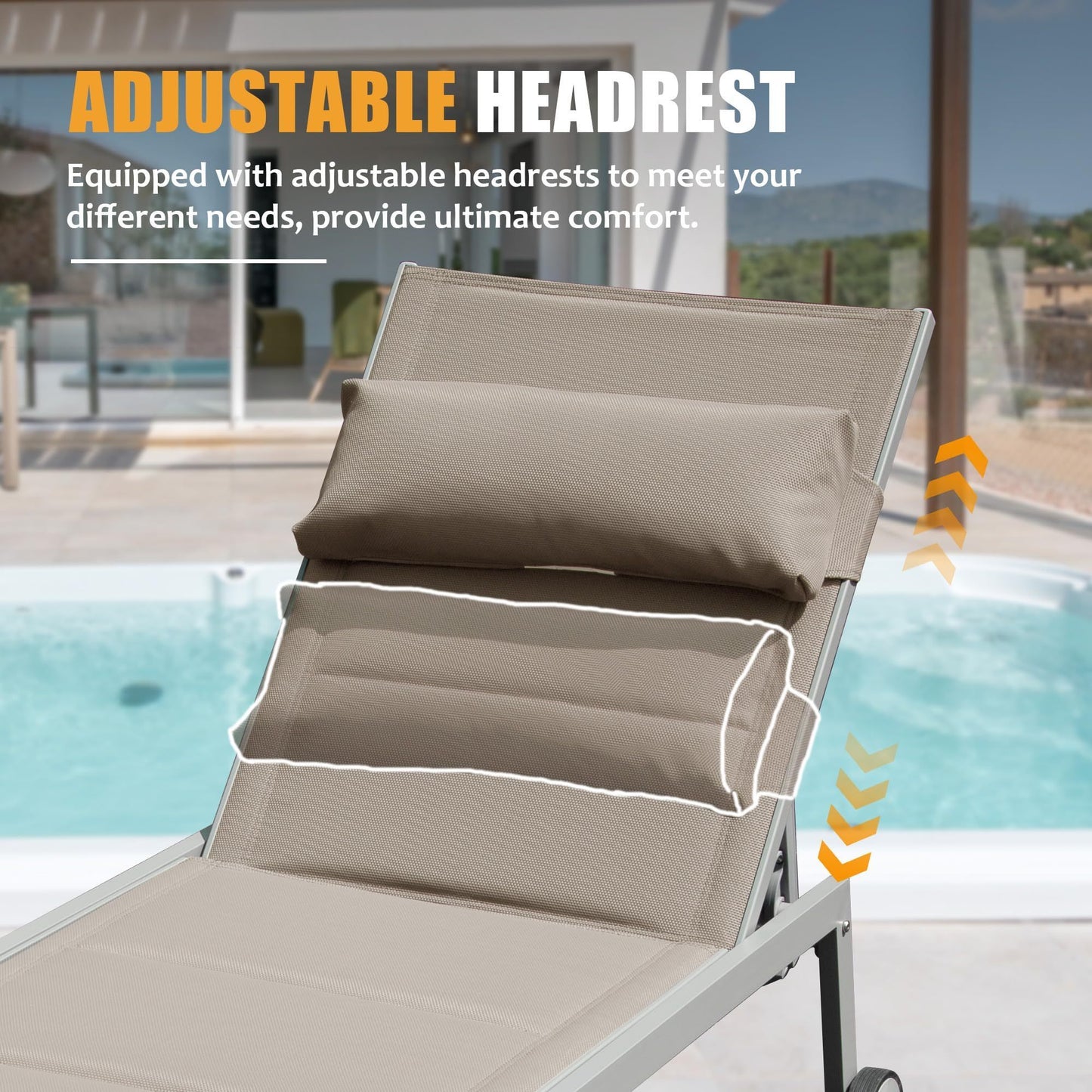 Outdoor Patio Chaise Lounge Set of 3, Aluminum Pool Lounge Chairs with Side Table and Wheels, Textilene Padded Adjustable Recliner All Weather for Poolside, Beach, Yard, Balcony (Khaki)