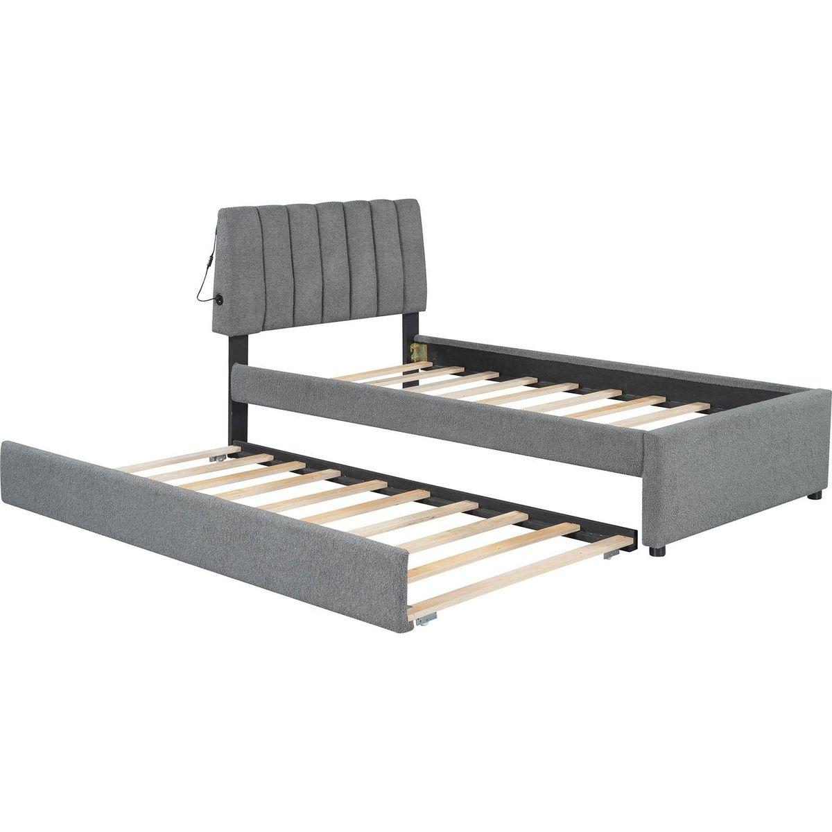 Teddy Fleece Twin Size Upholstered Platform Bed with Trundle, Gray