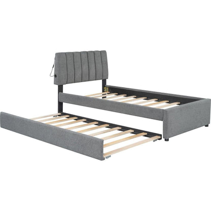 Teddy Fleece Twin Size Upholstered Platform Bed with Trundle, Gray