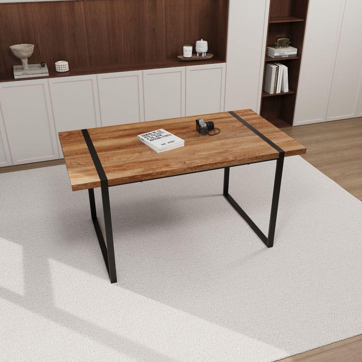 59 "rural industrial rectangular MDF natural wood dining table, 4-6 people, 1.5" thick engineering wood tabletop and black rectangular metal legs, used for writing desks, kitchens, terraces