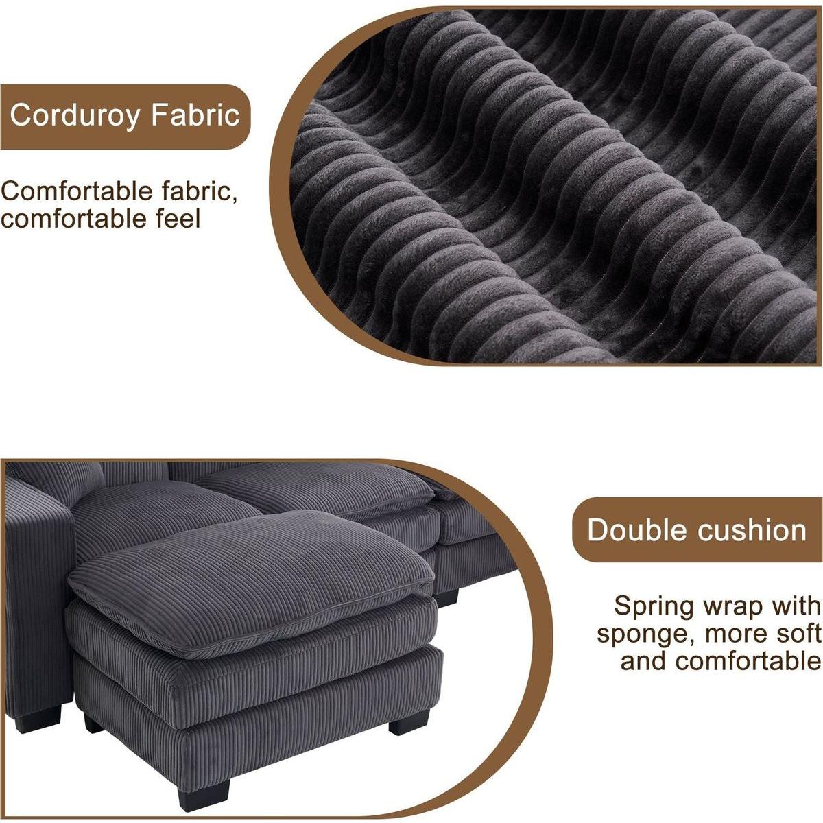 Modern U Shaped 6-seat Sectional Sofa Couch with one Ottoman and three toss pillows, Modular Sofa for Living Room,Corduroy sofa