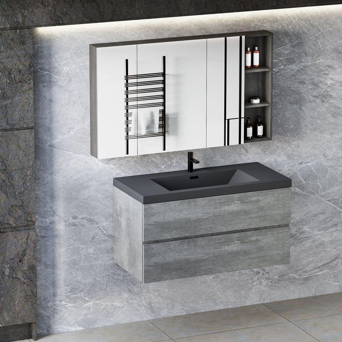 42" Floating Bathroom Vanity with Sink, Modern Wall-Mounted Bathroom Storage Vanity Cabinet with Black Quartz Sand Top Basin and Soft Close Drawers, Grey 24V12-42GR