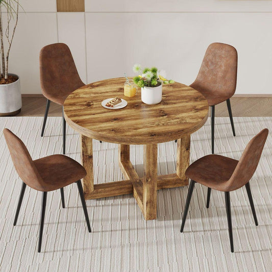 A modern and practical circular dining table. Made of MDF tabletop and wooden MDF table legs. A set of 4 brown cushioned chairs.