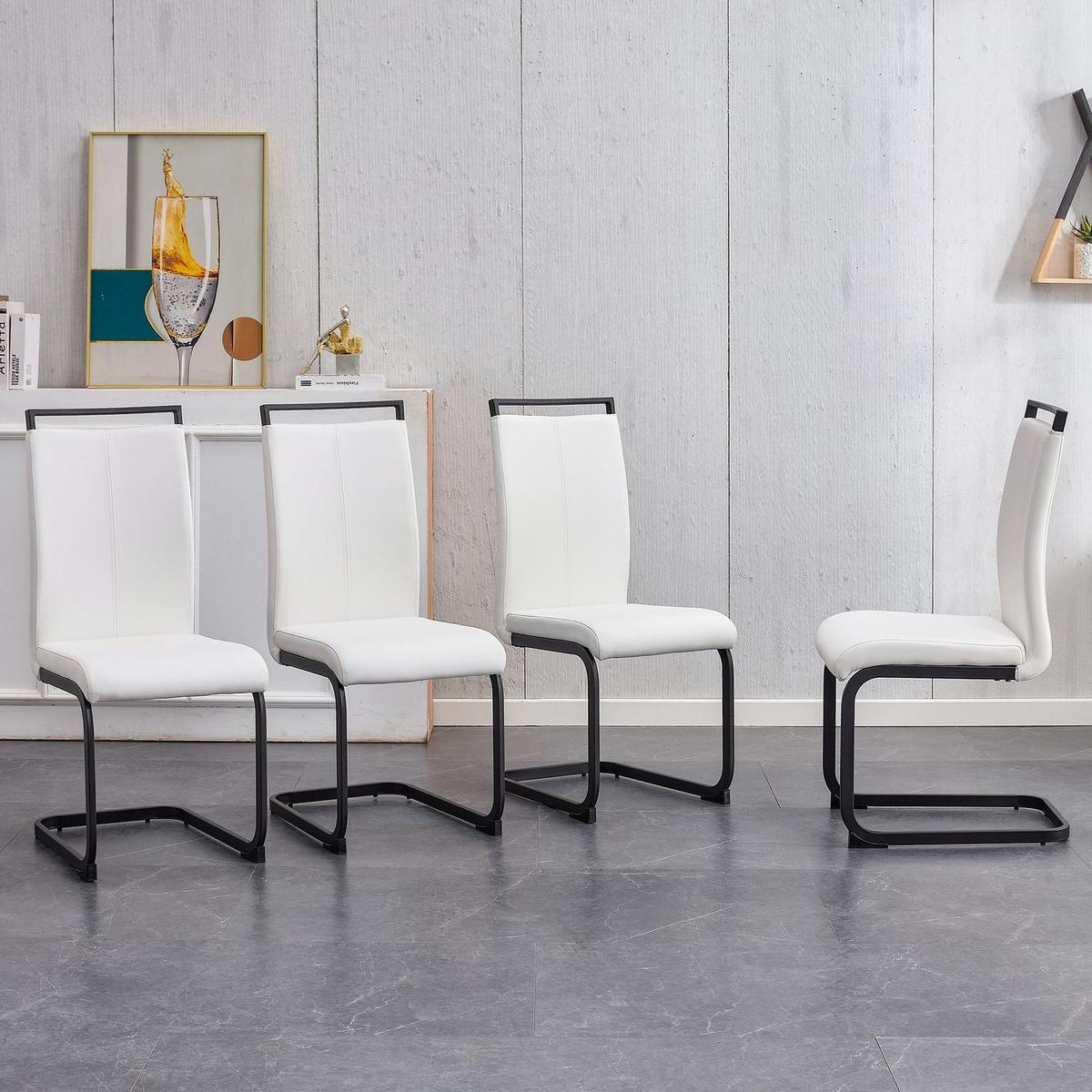 Table and chair set. A white imitation marble desktop with MDF legs and gold metal decorative strips. Paired with 4 dining chairs with white backrest and black metal legs.F-HH