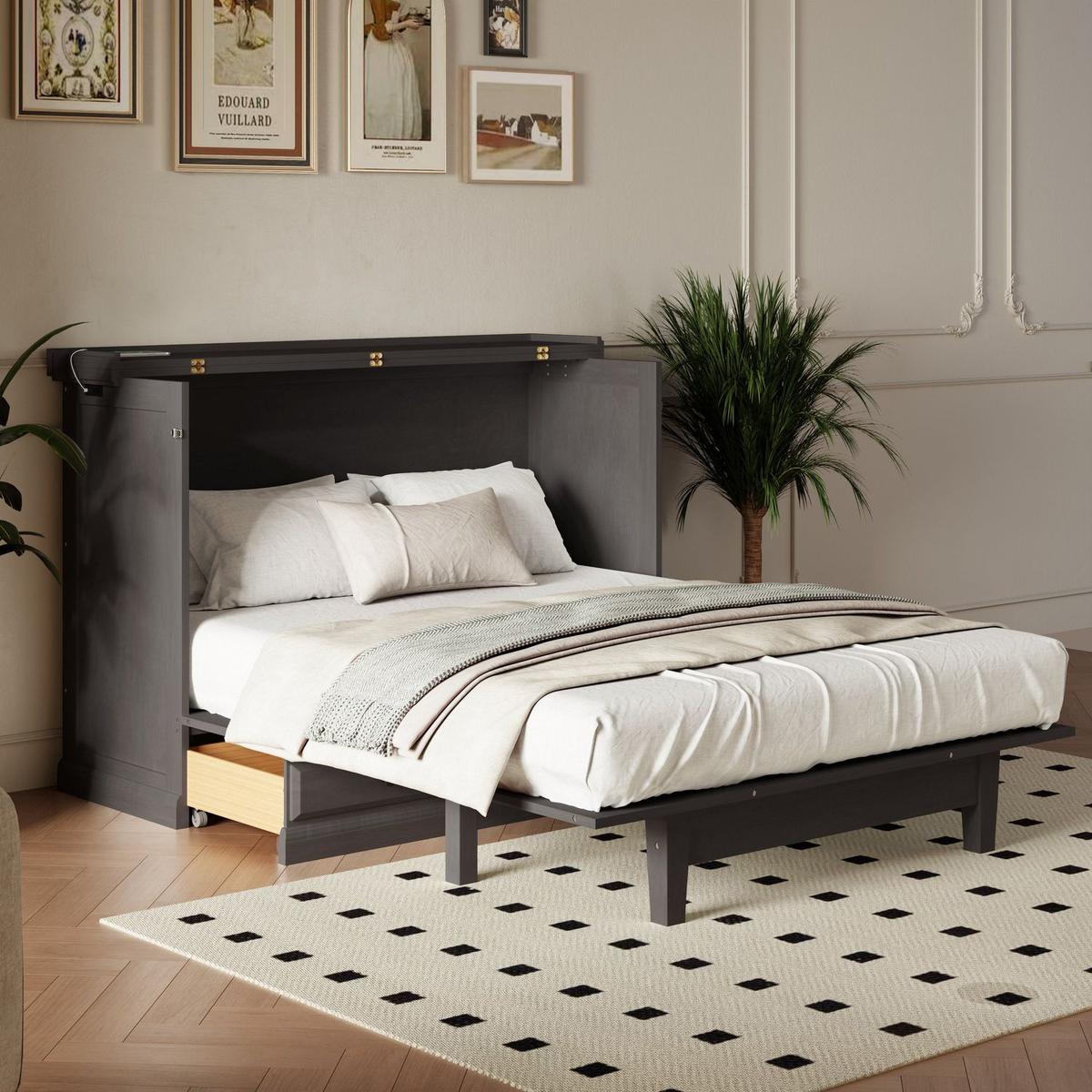 Solid Pine Murphy Bed Chest Cube Cabinet Bed with Charging Station and Large Storage Drawer for Home Office or Small Room,Full,Gray