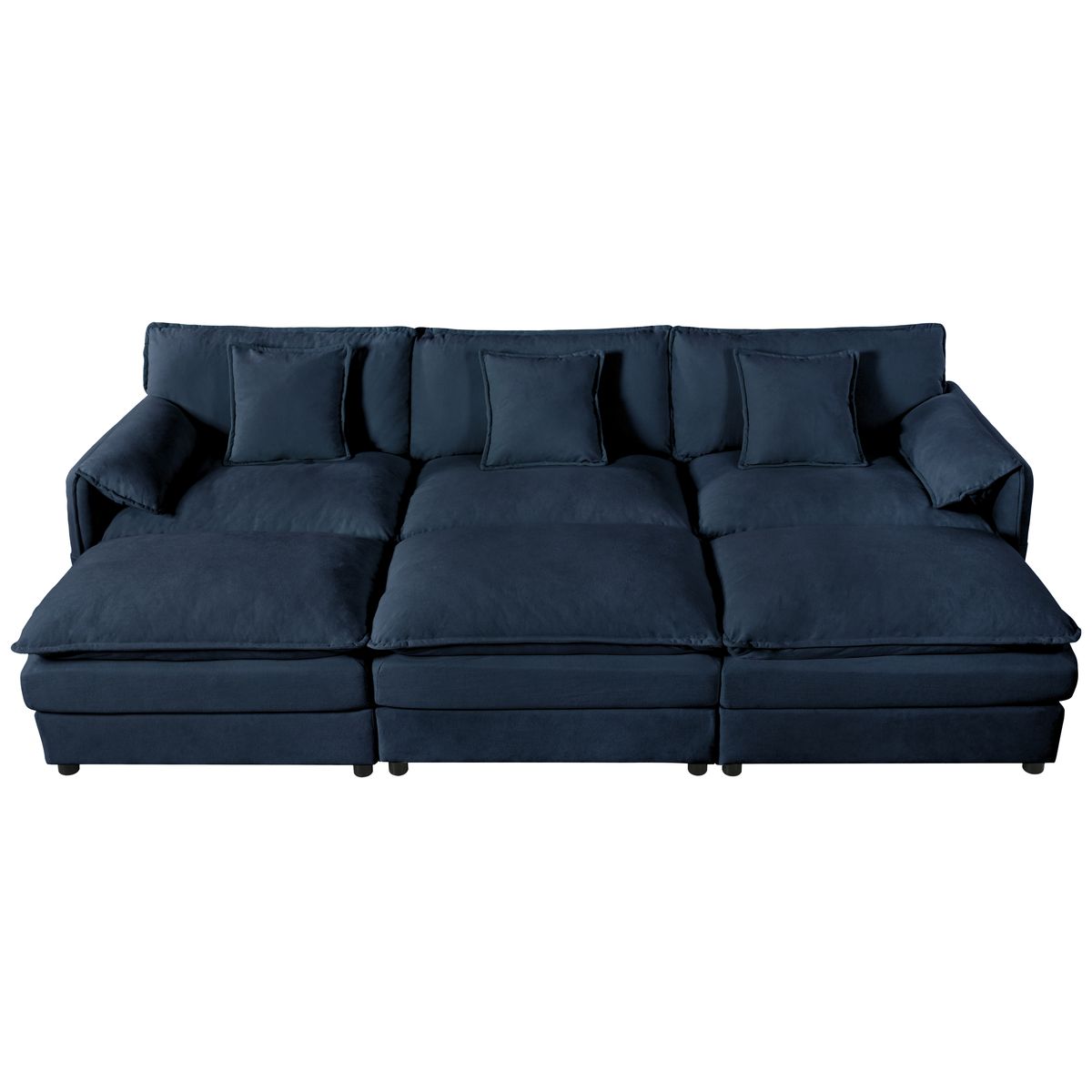 Oversized Deep Seat Sectional Cloud Sofa Sleeper with 3 Ottomans & Soft Pillows, Modular Couch Bed, Blue Chenille, 109.45 Inches