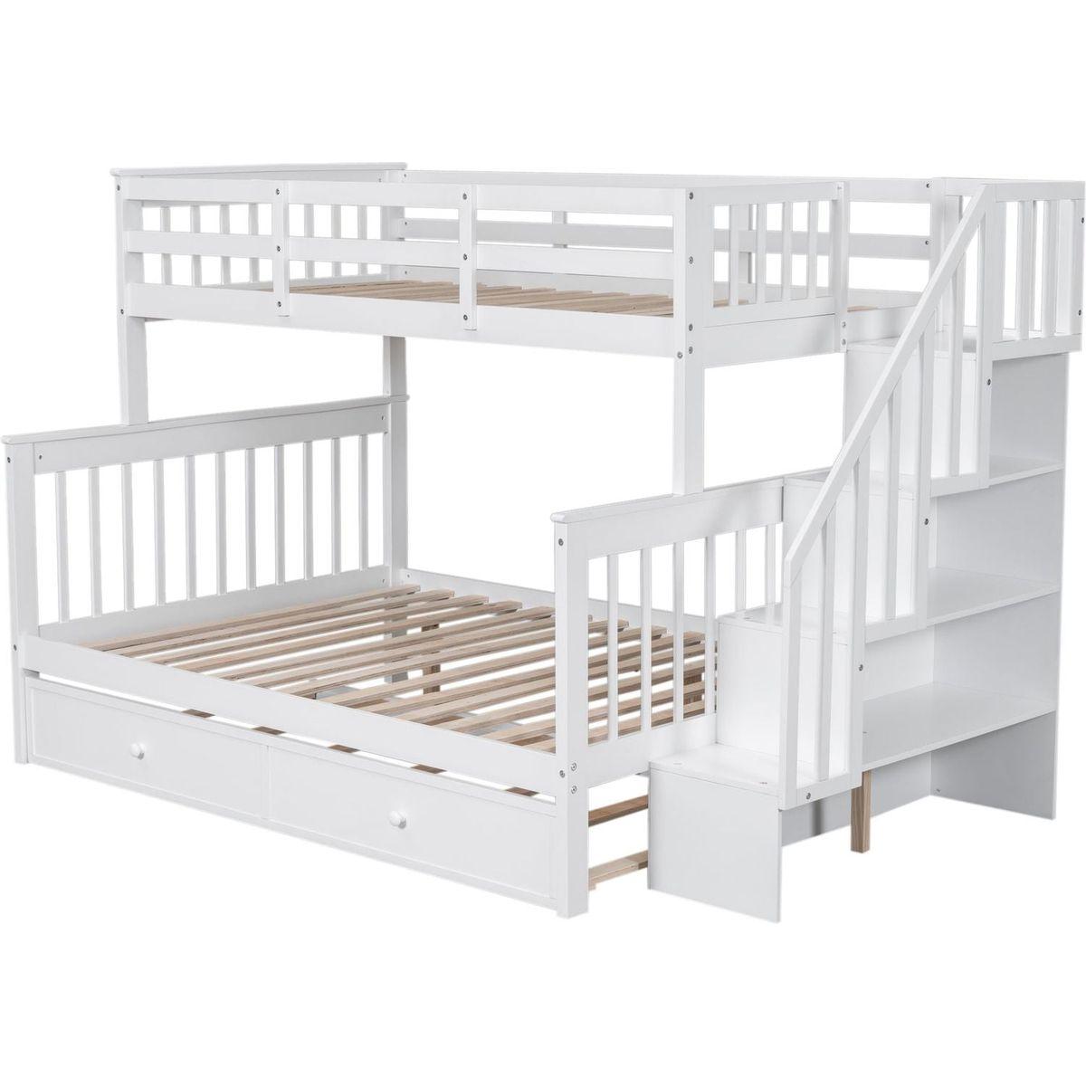 Twin-Over-Full Bunk Bed with Twin size Trundle, Storage and Guard Rail for Bedroom, Dorm, for Adults, White
