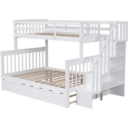 Twin-Over-Full Bunk Bed with Twin size Trundle, Storage and Guard Rail for Bedroom, Dorm, for Adults, White