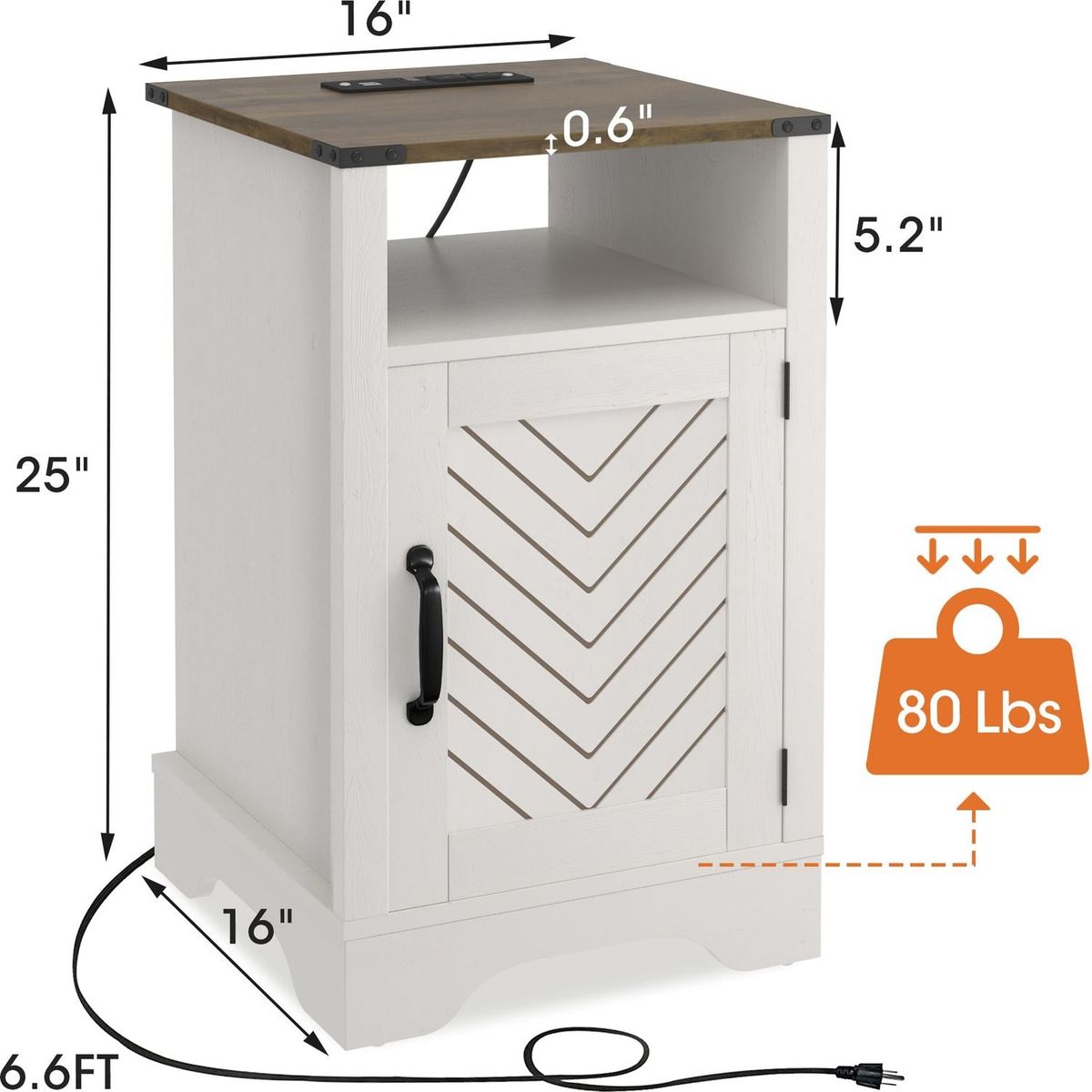 Farmhouse Nightstand Side Table, Wooden Rustic End Table, Tall Bedside Table with Electrical Outlets Charging Station - White & Oak