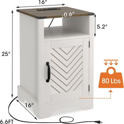 Farmhouse Nightstand Side Table, Wooden Rustic End Table, Tall Bedside Table with Electrical Outlets Charging Station - White & Oak