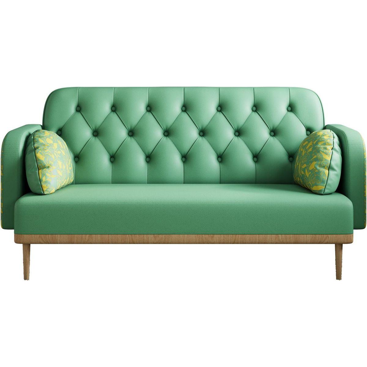 green Loveseat sofa with tulip pattern Modern Upholstered Two Seater PU Sofa with 2 dumpling-shaped throw pillows with tulip patterns