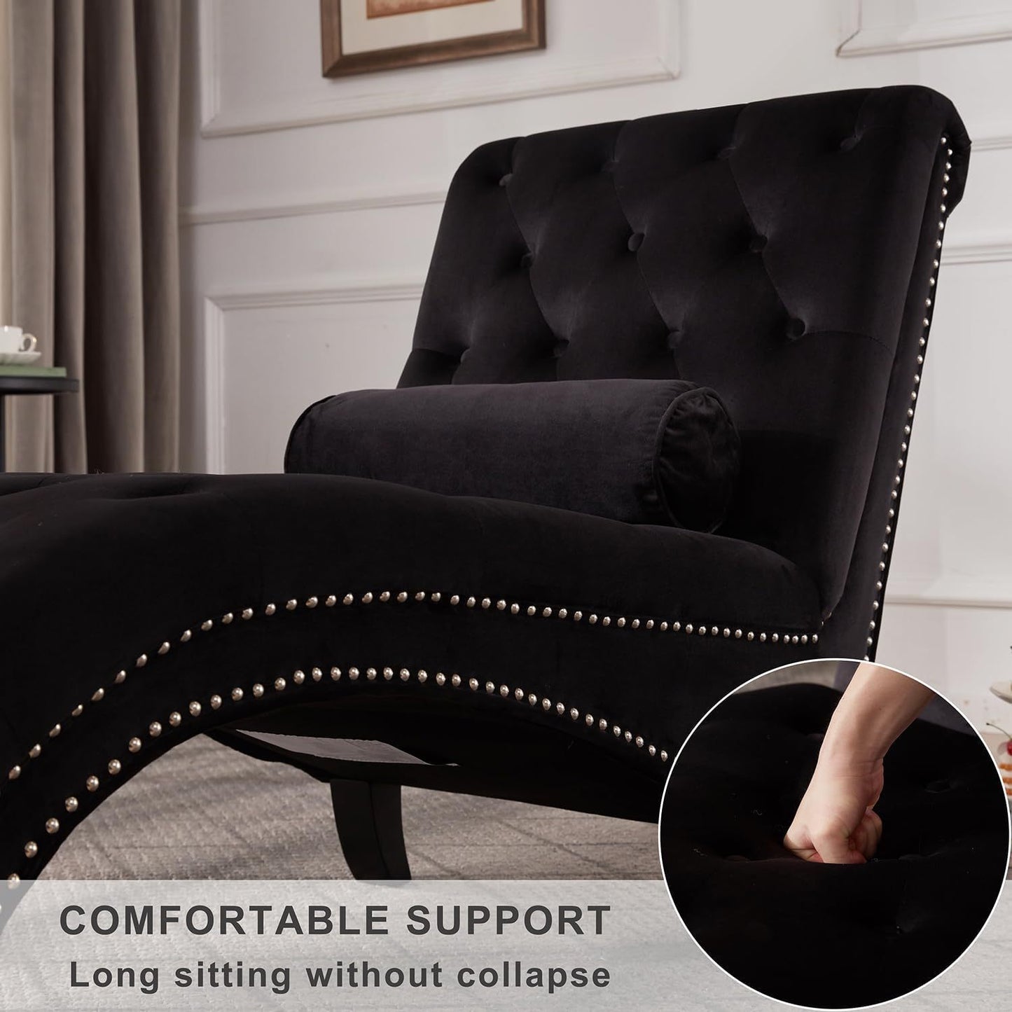 Button-Tufted Chaise Lounge Indoor with Solid Wood Leg+Support Pillow, Upholstered Chaise Lounge Chair for Bedroom Living Room Office, Armless Rolled Backrest Leisure Sofa Recliner-Black Velvet