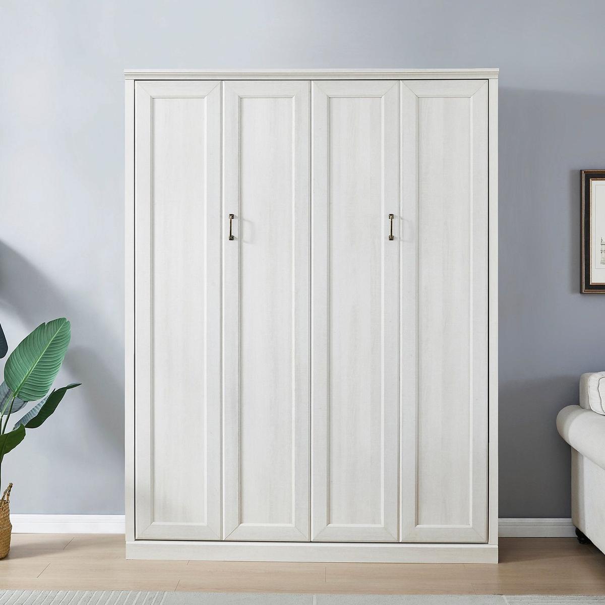 Queen Size Half Self-Close and Open Murphy Bed Cabinet Space-Saving Bed Perfect for Guest Room, for Bed Room, Guest Room, Home Office, Rustic White