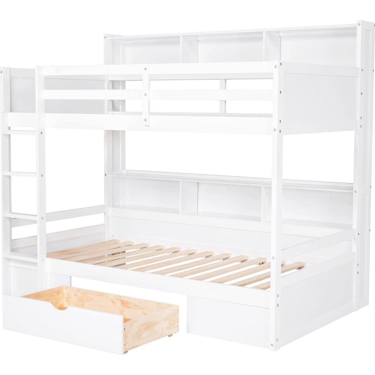 Twin Size Bunk Bed with Built-in Shelves Beside both Upper and Down Bed and Storage Drawer,White