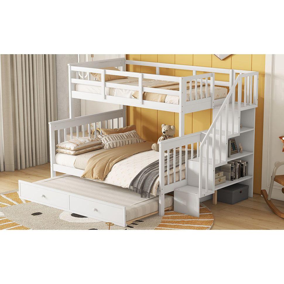 Twin-Over-Full Bunk Bed with Twin size Trundle, Storage and Guard Rail for Bedroom, Dorm, for Adults, White