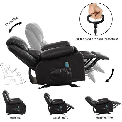 Vanbow.Recliner Chair Rocking Chairs for Adults Oversized with 2 Cup Holders, USB Charge Port Soft Features a Manual Massage and Heat.BLACK