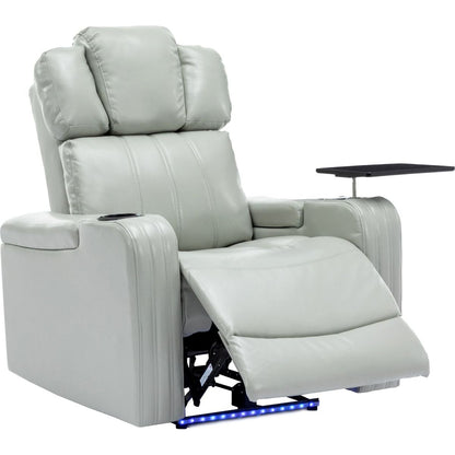 PU Leather Power Recliner Individual Seat Home Theater Recliner with Cooling Cup Holder, Bluetooth Speaker, LED Lights, USB Ports, Tray Table, Arm Storage for Living Room, Grey