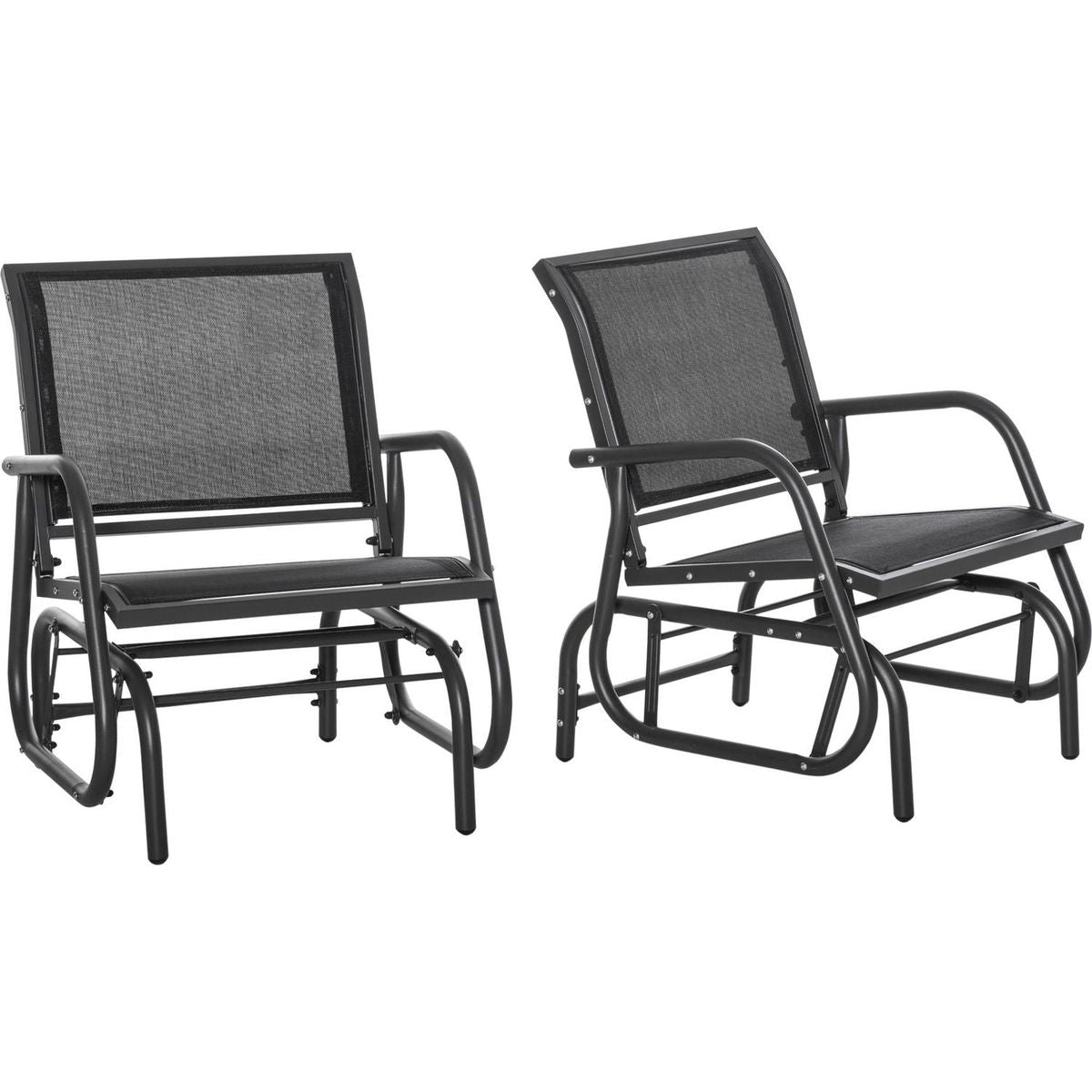 Porch Glider Set of 2, Metal Frame Swing Glider Chairs with Breathable Mesh Fabric, Curved Armrests and Steel Frame for Garden, Poolside, Backyard, Balcony, Black