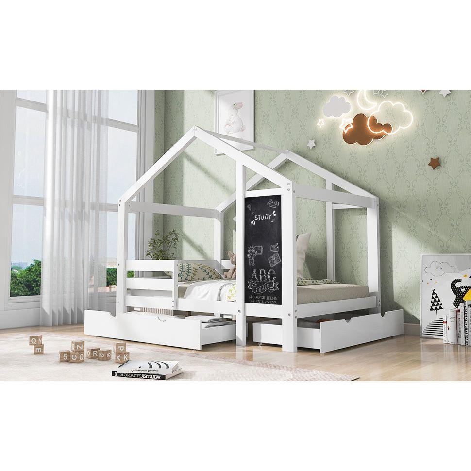 Twin House Bed with Blackboard and Drawers, Two assembly options, White