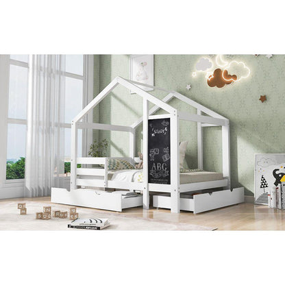 Twin House Bed with Blackboard and Drawers, Two assembly options, White