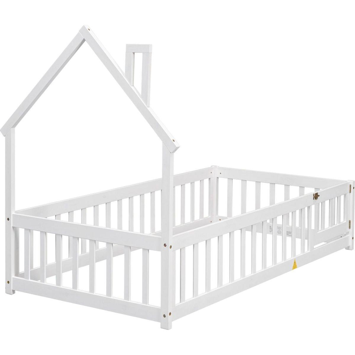 Twin House-Shaped Headboard Floor Bed with Fence,White
