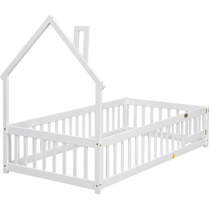 Twin House-Shaped Headboard Floor Bed with Fence,White