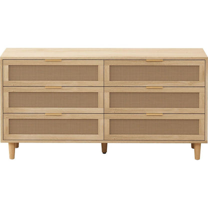 59.06"6-Drawers Rattan Storage Cabinet Rattan Drawer with White Drawer Slides,for Bedroom,Living Room,Natural