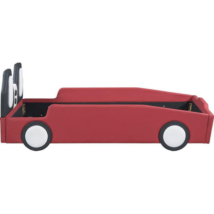 Twin Size Race Car-Shaped Platform Bed with Wheels,Red