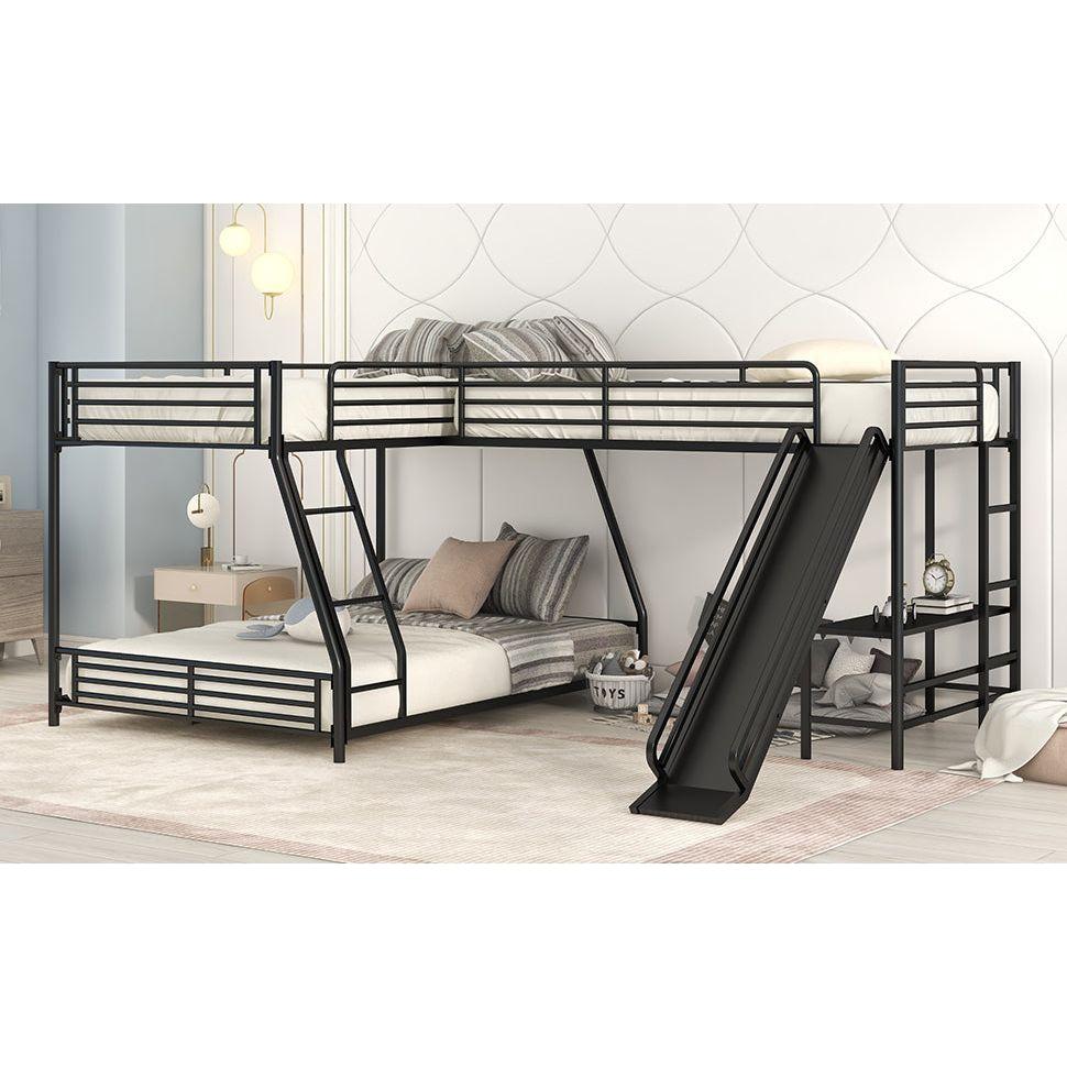 L-Shaped Twin over Full Bunk Bed with Twin Size Loft Bed,Built-in Desk and Slide,Black