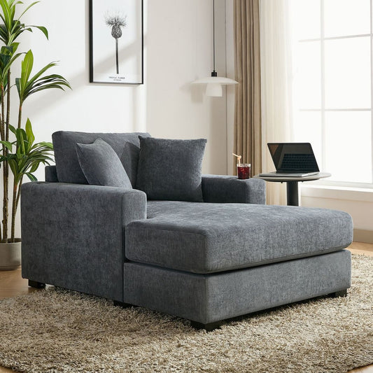 43.5" Oversized Chaise Lounger Modern Style Sofa Couch, with Pillows, Charge Station & Cup Holders, Chenille Fabric, Blue Gray